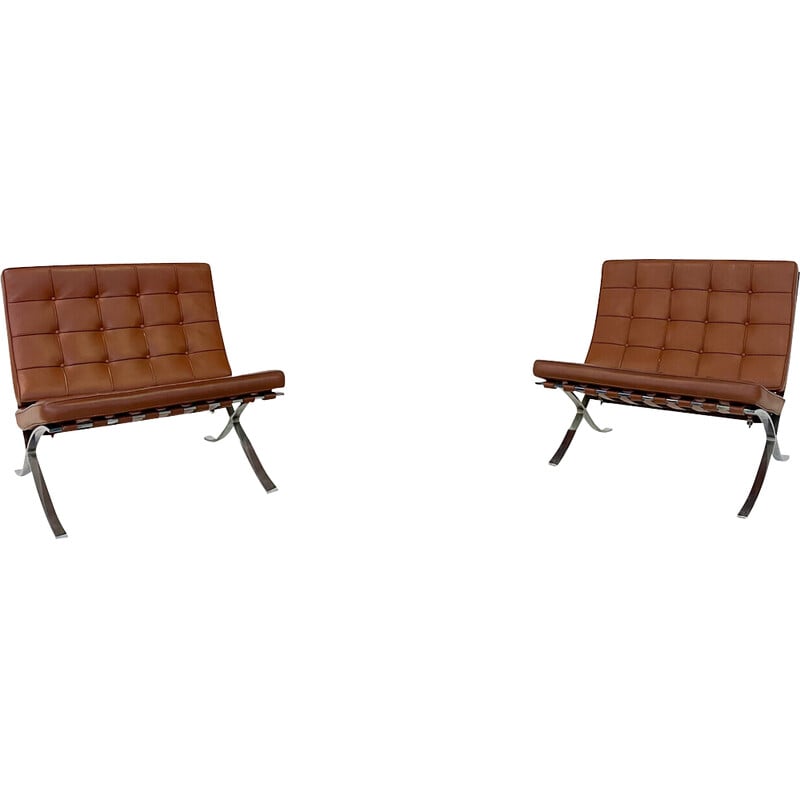 Paire de fauteuils Barcelona vintage en cuir brun par Mies Van Der Rohe pour Knoll