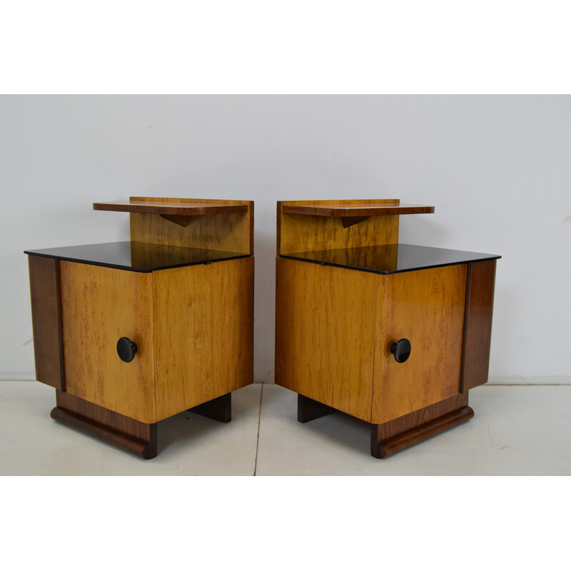 Pair of mid-century wood and glass night stands, Czechoslovakia 1950s