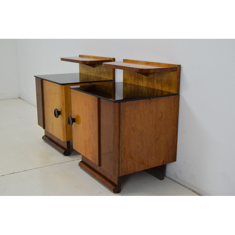 Pair of mid-century wood and glass night stands, Czechoslovakia 1950s