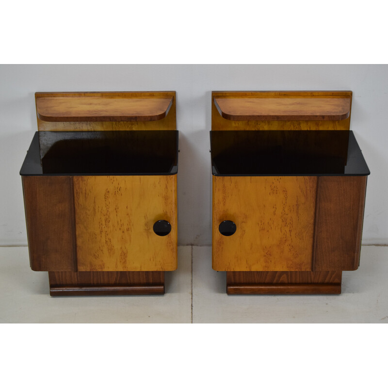 Pair of mid-century wood and glass night stands, Czechoslovakia 1950s