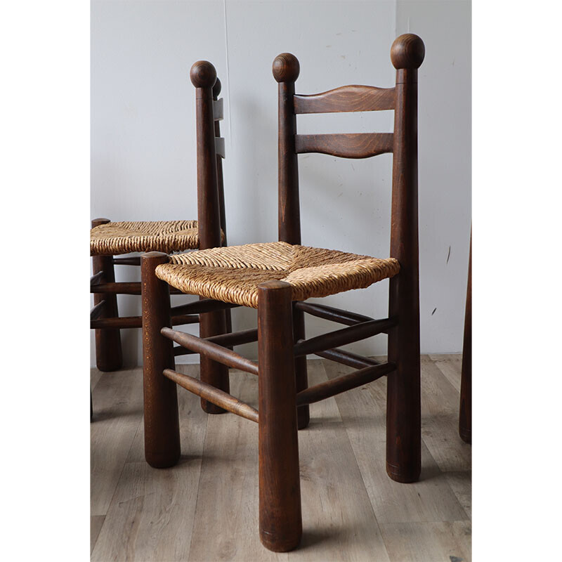Set van 6 vintage Brutalistische stoelen massief hout gevlochten