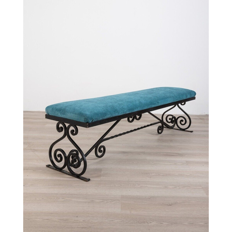 Vintage bench with black iron structure and blue fabric seat, 1950s