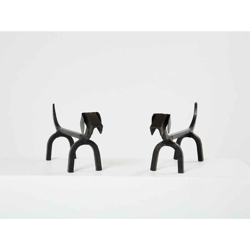 Pair of vintage wrought iron andirons by Edouard Schenck, 1950