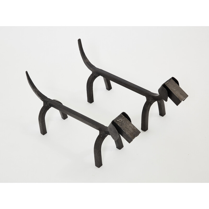 Pair of vintage wrought iron andirons by Edouard Schenck, 1950