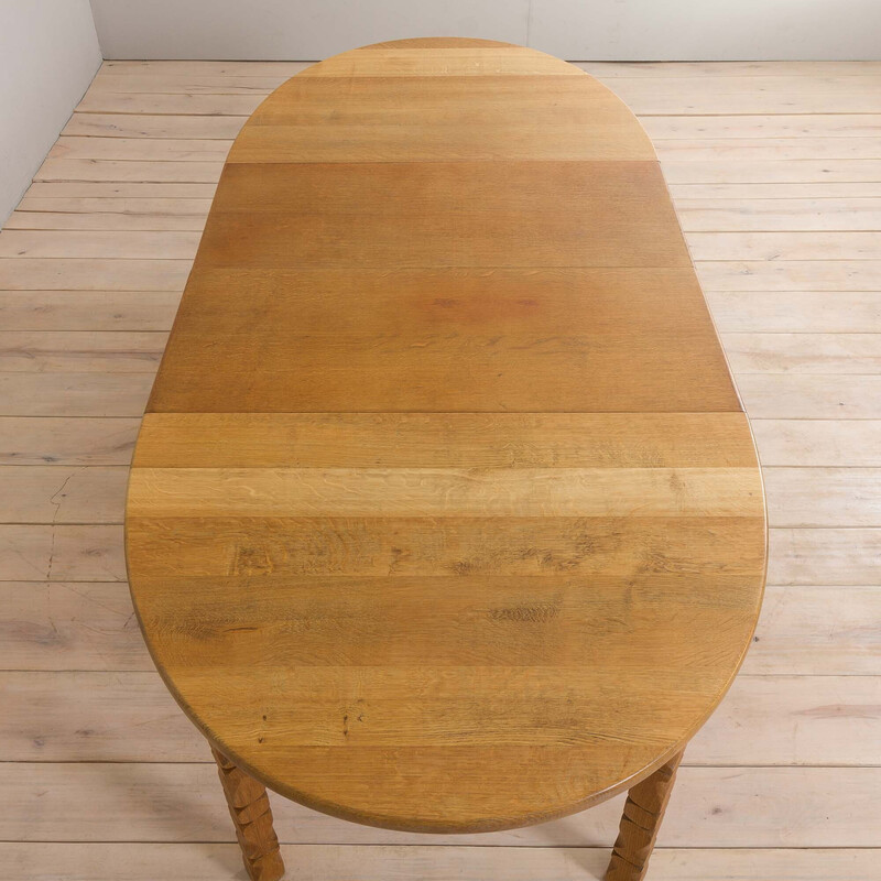 Tavolo da pranzo ovale vintage in legno di quercia massiccio con 2 allunghe di H. Kjaernulf, 1960