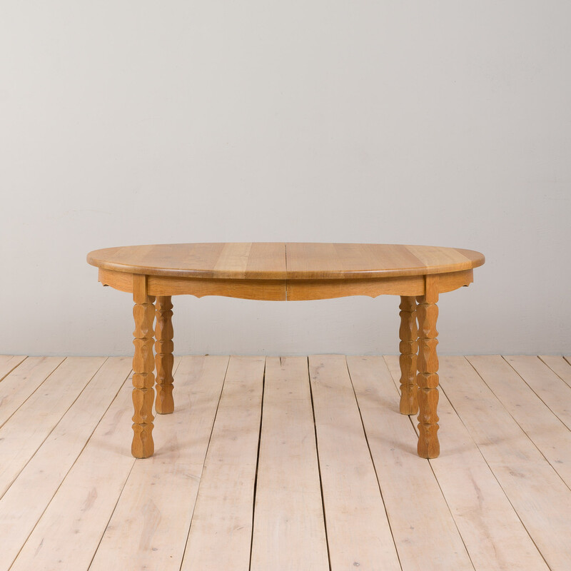 Vintage oval solid oakwood dining table with 2 extensions by H. Kjaernulf, 1960s