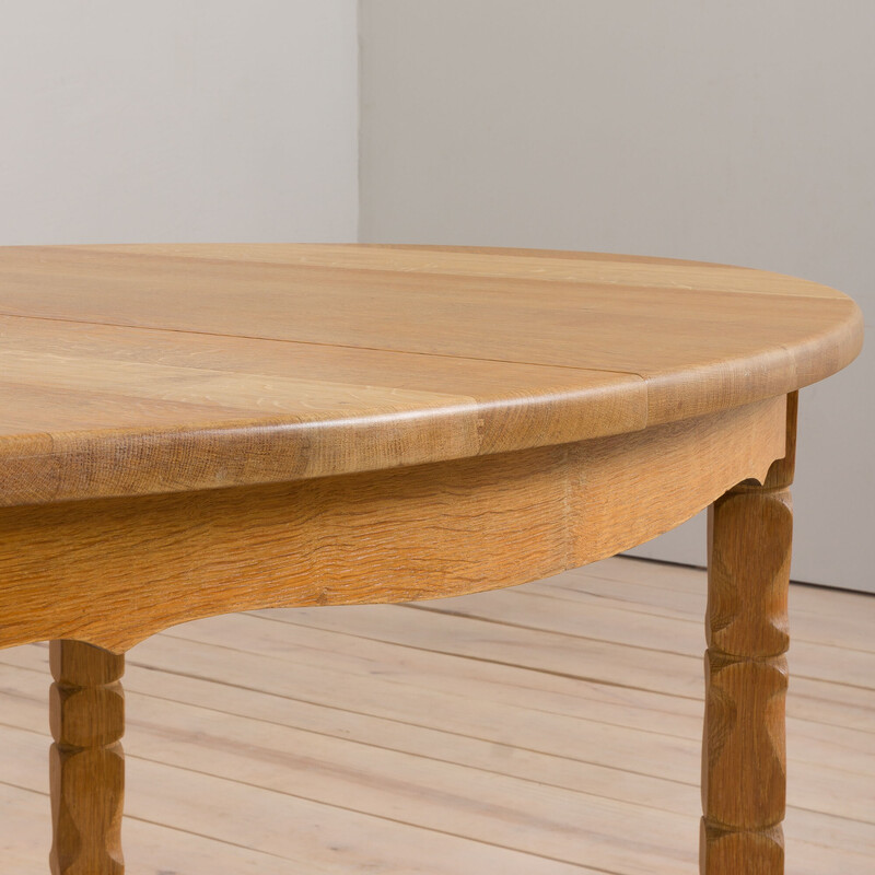 Vintage oval solid oakwood dining table with 2 extensions by H. Kjaernulf, 1960s