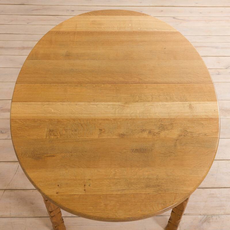 Tavolo da pranzo ovale vintage in legno di quercia massiccio con 2 allunghe di H. Kjaernulf, 1960