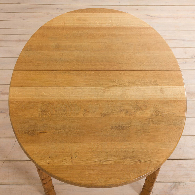 Vintage oval solid oakwood dining table with 2 extensions by H. Kjaernulf, 1960s