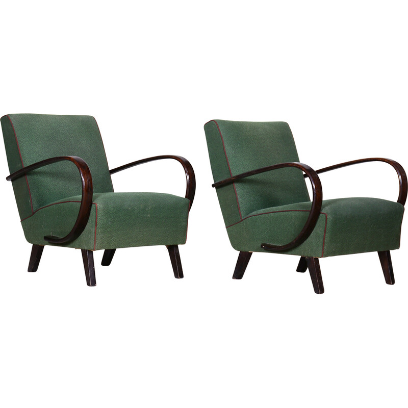 Pair of vintage green Czech Art Deco beechwood armchairs by Jindrich Halabala for Up Zavody, 1930s