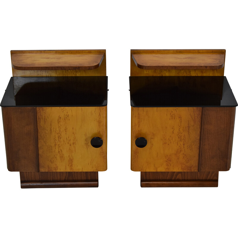 Pair of mid-century wood and glass night stands, Czechoslovakia 1950s