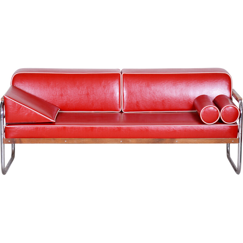 Vintage red leather Bauhaus sofa by Thonet, 1930s