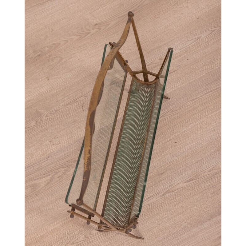 Vintage magazine rack with gilt brass structure and decorated glass, 1960s