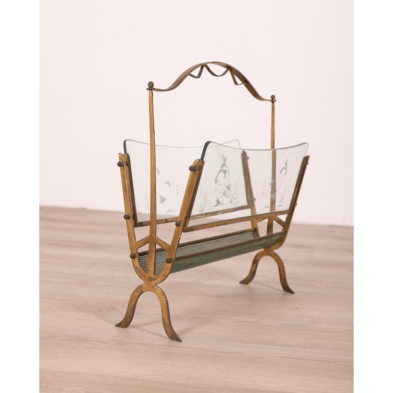 Vintage magazine rack with gilt brass structure and decorated glass, 1960s