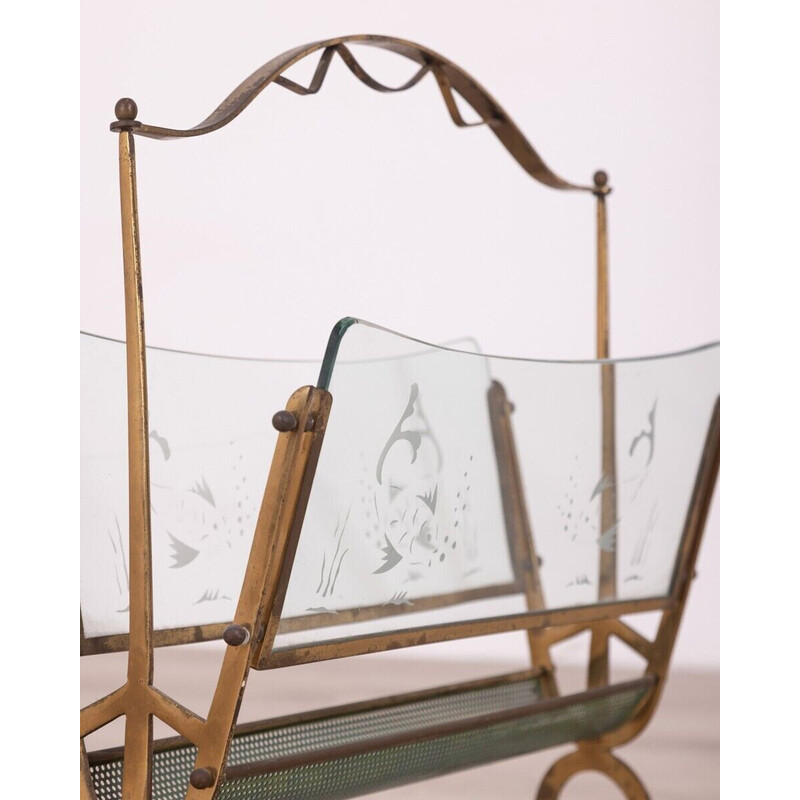 Vintage magazine rack with gilt brass structure and decorated glass, 1960s