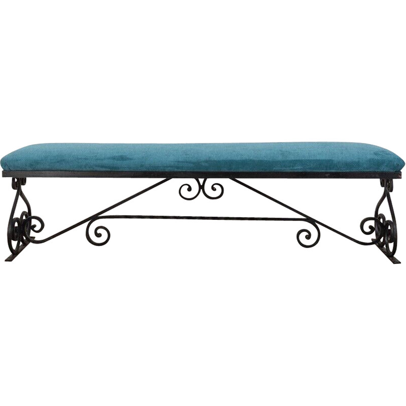 Vintage bench with black iron structure and blue fabric seat, 1950s