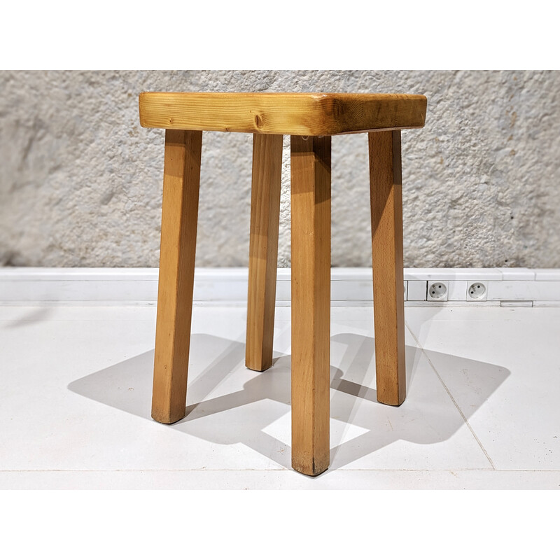 Vintage stool in pine wood, Charlotte Perriand selection for Les Arcs