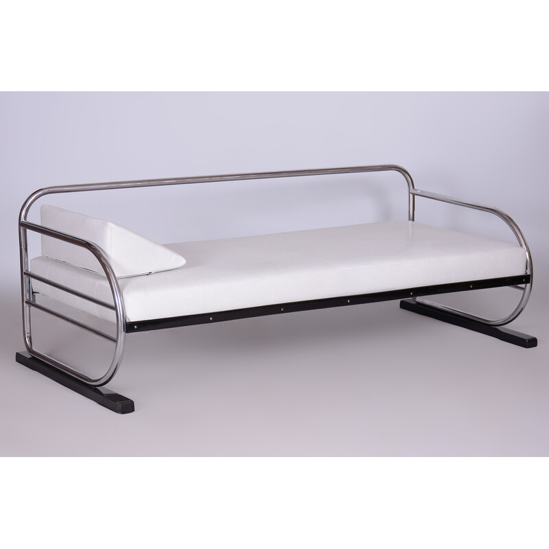 Canapé Bauhaus vintage en cuir blanc et chrome tubulaire de Robert Slezák, 1930