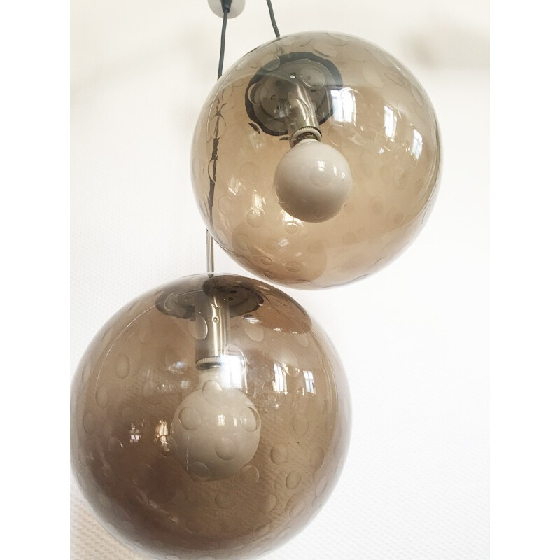 Pair of smoked and bubbled glass hanging lamps - 1970s
