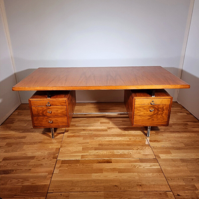 Vintage walnut veneer, chrome and lacquer desk, 1965