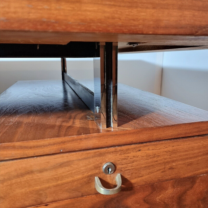 Vintage walnut veneer, chrome and lacquer desk, 1965