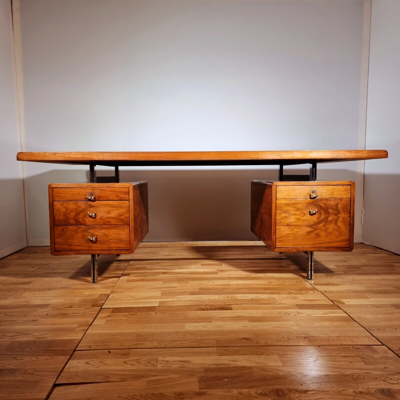 Vintage walnut veneer, chrome and lacquer desk, 1965