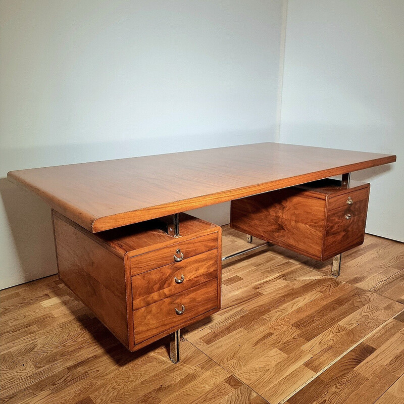 Vintage walnut veneer, chrome and lacquer desk, 1965