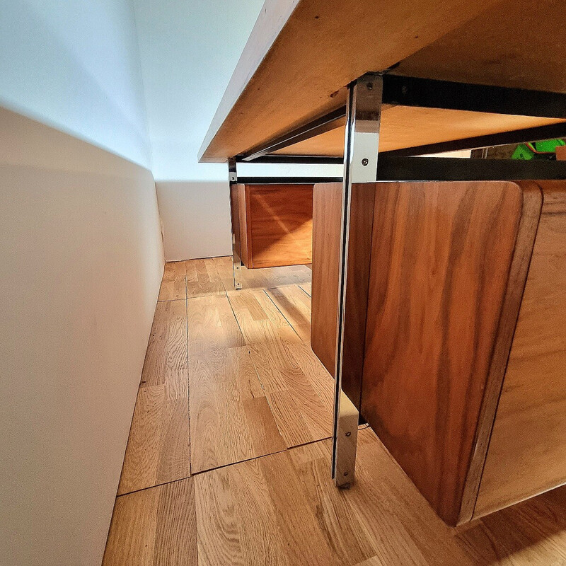 Vintage walnut veneer, chrome and lacquer desk, 1965