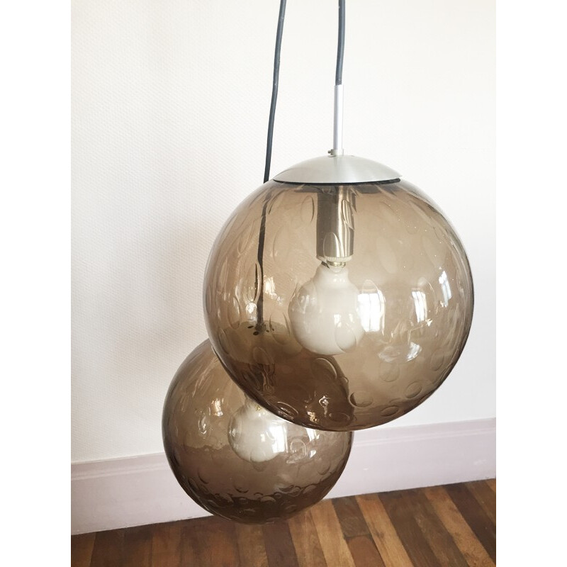 Pair of smoked and bubbled glass hanging lamps - 1970s
