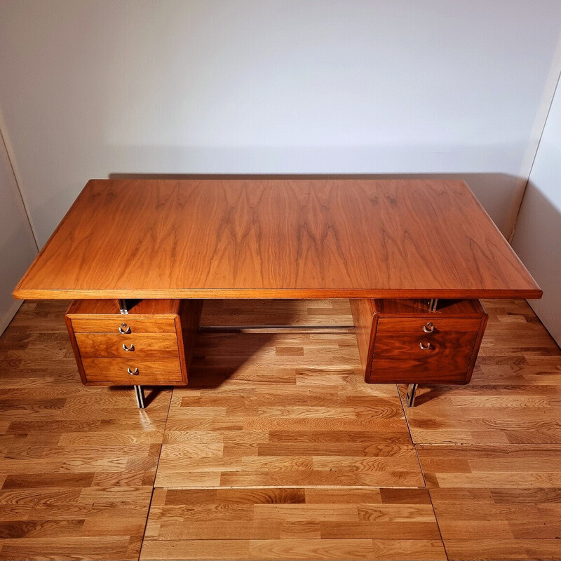 Vintage walnut veneer, chrome and lacquer desk, 1965