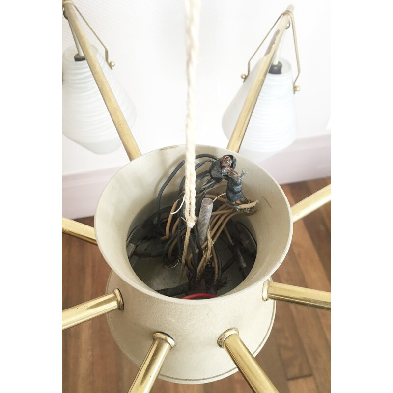 Gilt and opaline spider chandelier with 8 branches - 1950s