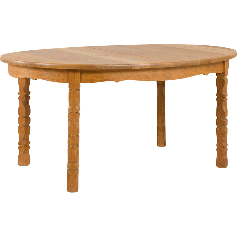 Mesa de jantar de carvalho maciço oval com 2 extensões por H. Kjaernulf, anos 60