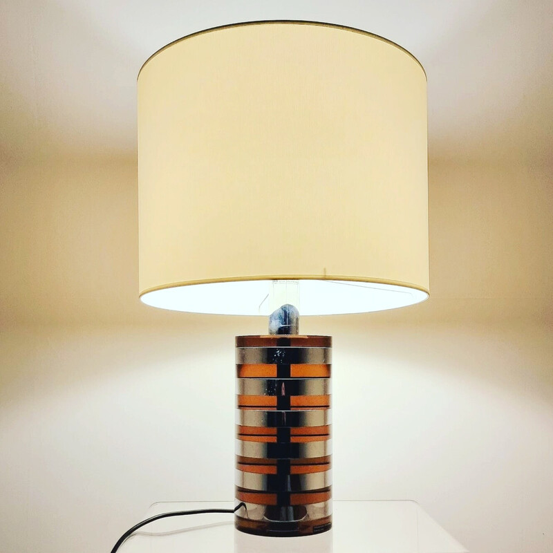 Vintage cylindrical lamp in smoked plexiglass and chrome by Felice Antonio Botta, 1980