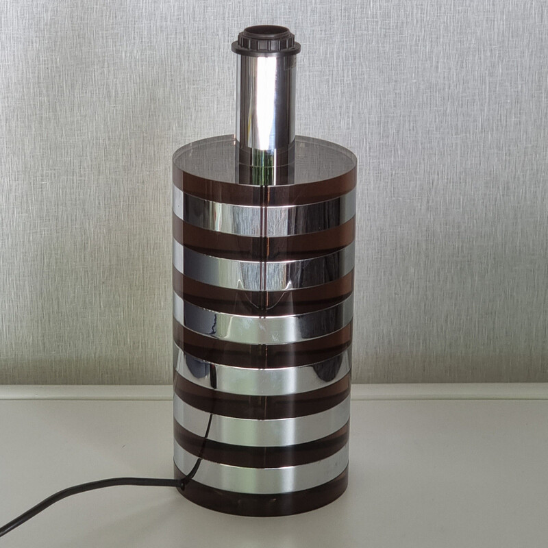 Vintage cylindrical lamp in smoked plexiglass and chrome by Felice Antonio Botta, 1980