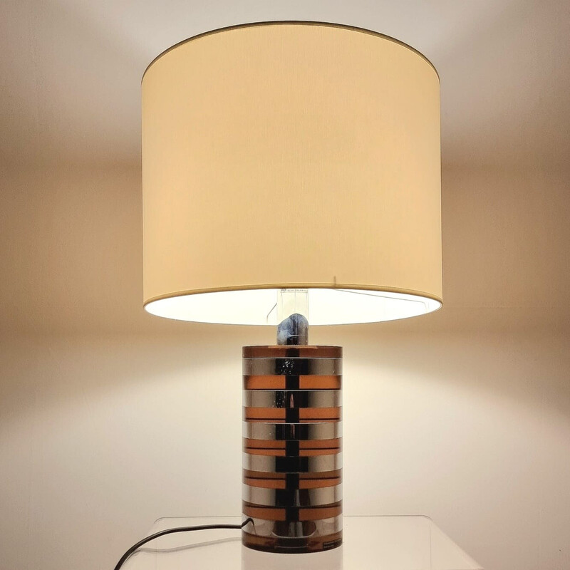 Vintage cylindrical lamp in smoked plexiglass and chrome by Felice Antonio Botta, 1980