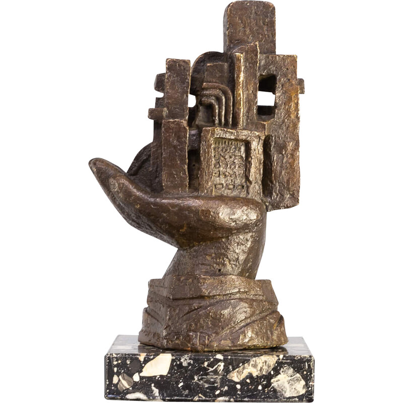Escultura vintage de bronce "mano" sobre pie de mármol