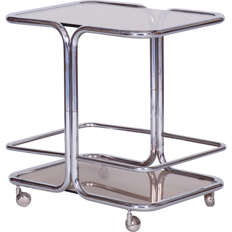Mid-century chrome and smoked glass serving trolley, Czechia 1960s