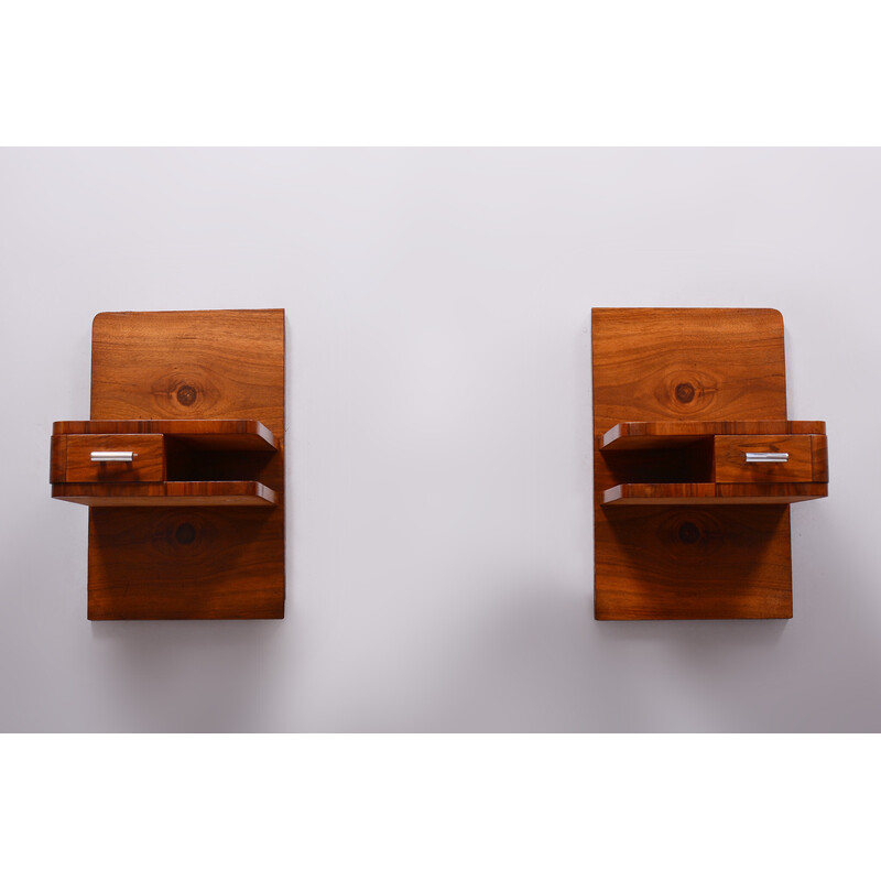 Pair of vintage Art Deco walnut night stands, Czechoslovakia 1930s