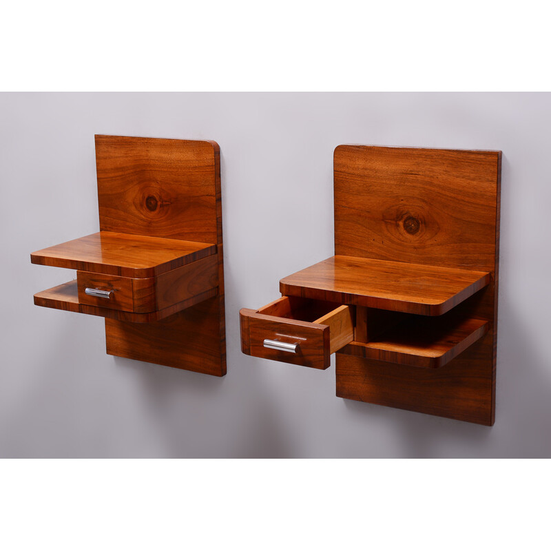 Pair of vintage Art Deco walnut night stands, Czechoslovakia 1930s