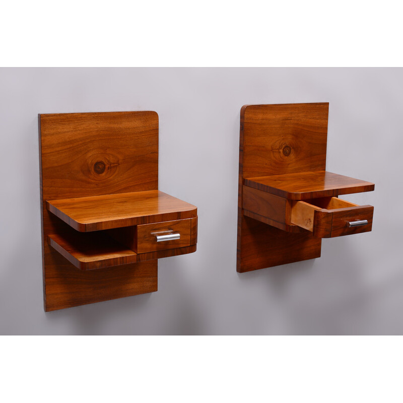 Pair of vintage Art Deco walnut night stands, Czechoslovakia 1930s