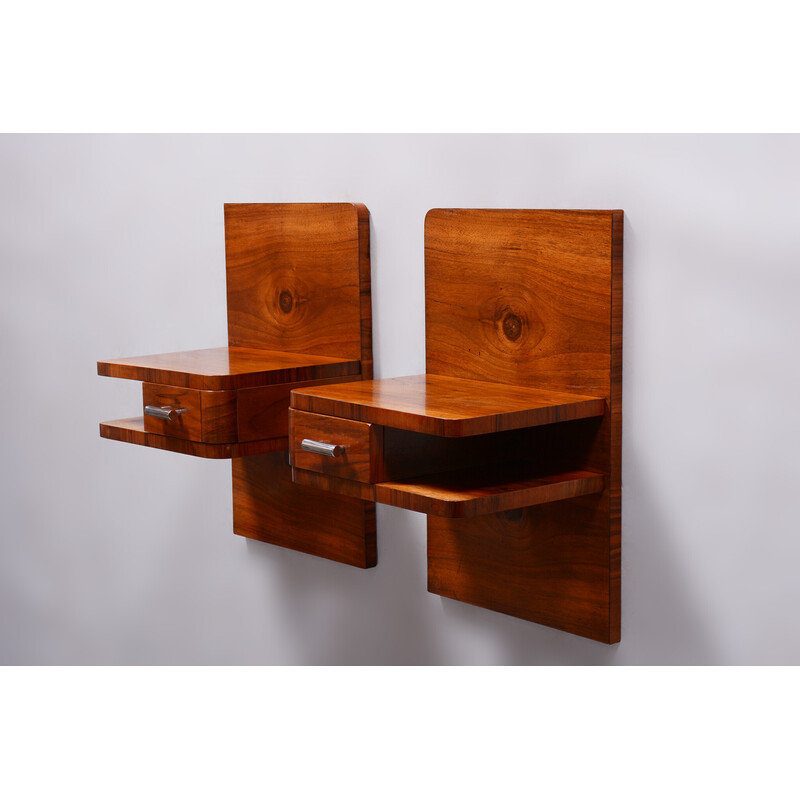 Pair of vintage Art Deco walnut night stands, Czechoslovakia 1930s