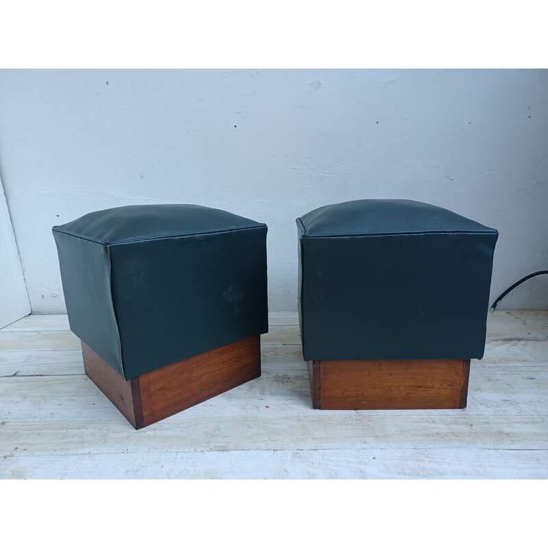 Pair of vintage poufs in pichpin and green leatherette, 1940