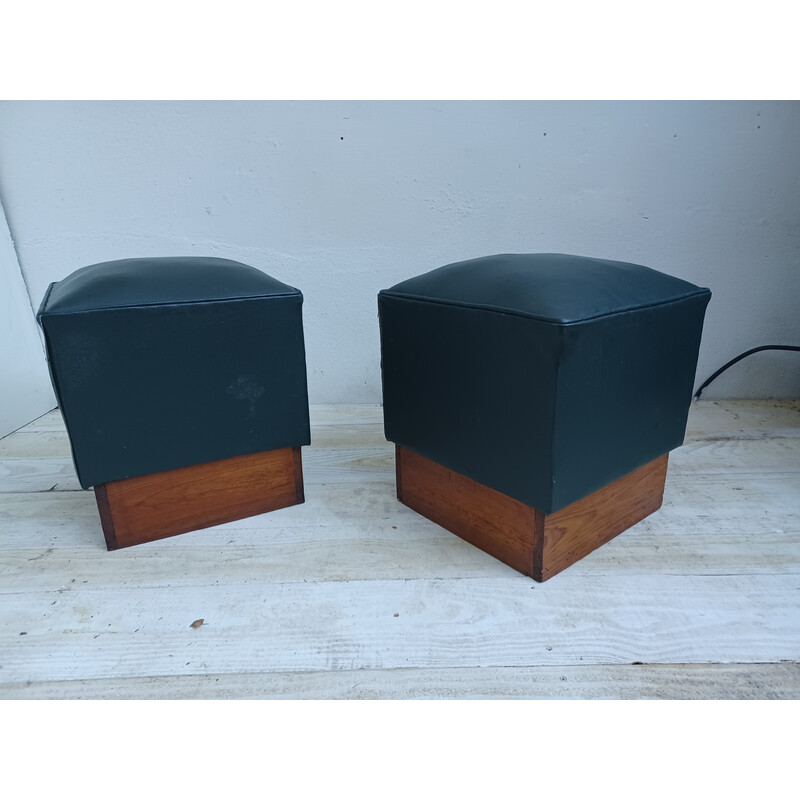 Pair of vintage poufs in pichpin and green leatherette, 1940