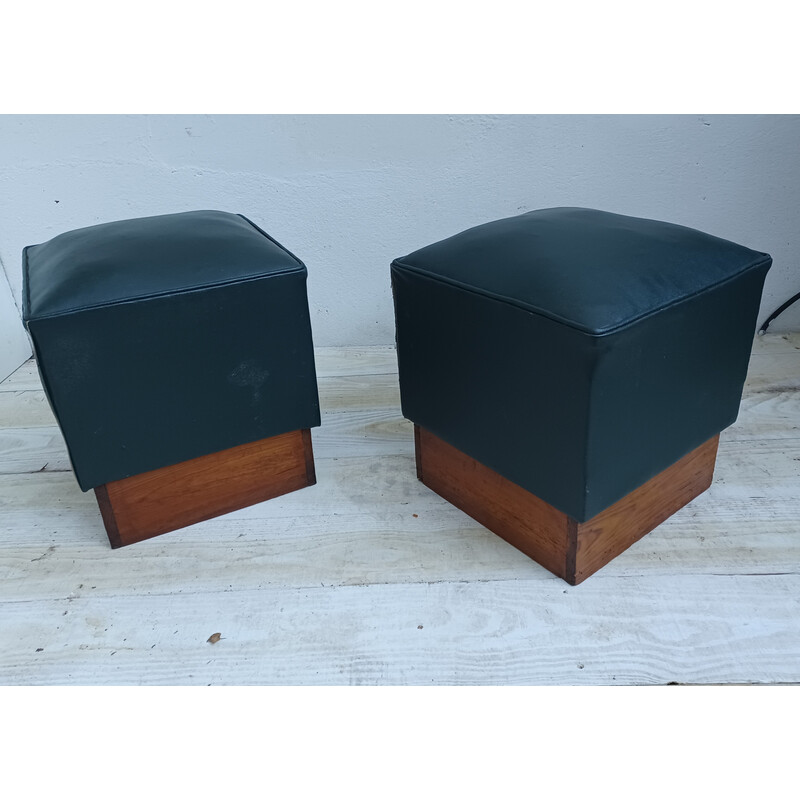 Pair of vintage poufs in pichpin and green leatherette, 1940