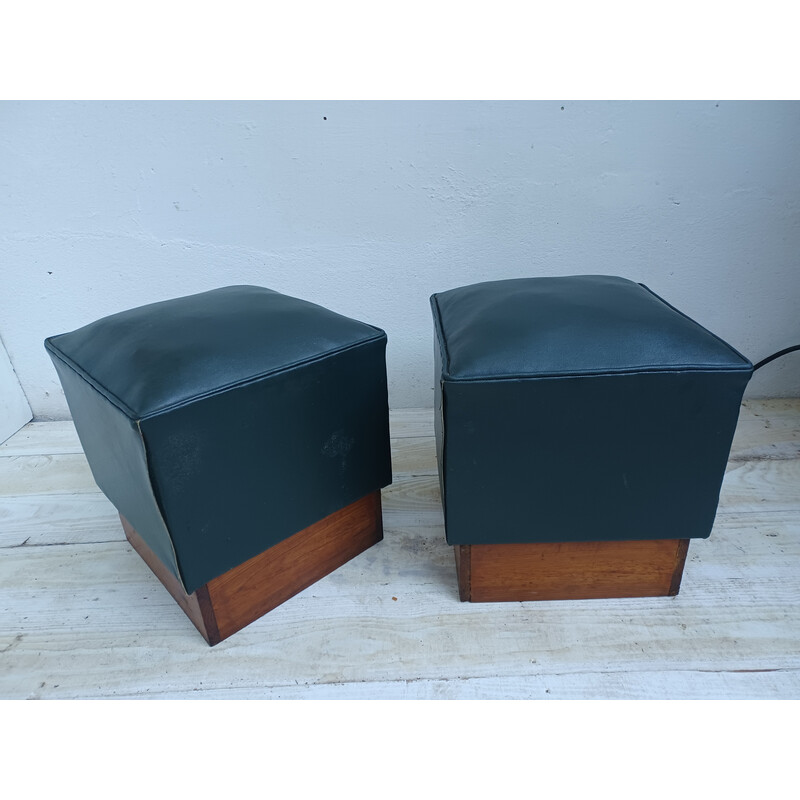 Pair of vintage poufs in pichpin and green leatherette, 1940