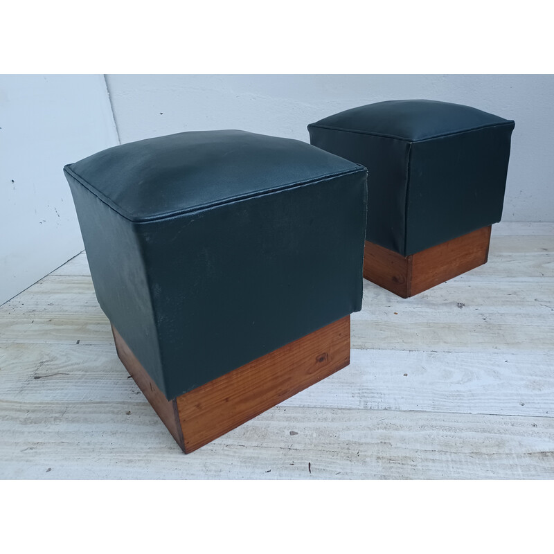 Pair of vintage poufs in pichpin and green leatherette, 1940