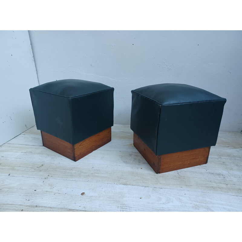 Pair of vintage poufs in pichpin and green leatherette, 1940