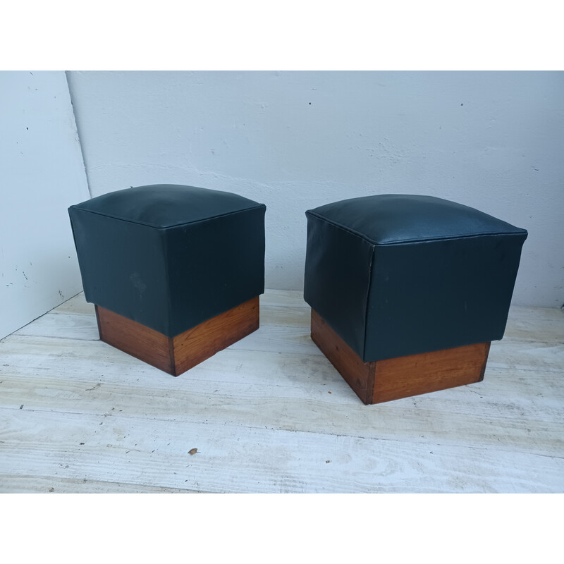 Paire de poufs vintage en pichpin et simili cuir vert, 1940