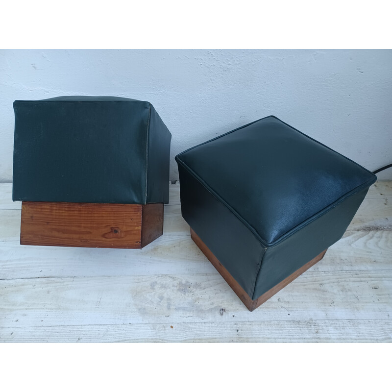 Pair of vintage poufs in pichpin and green leatherette, 1940