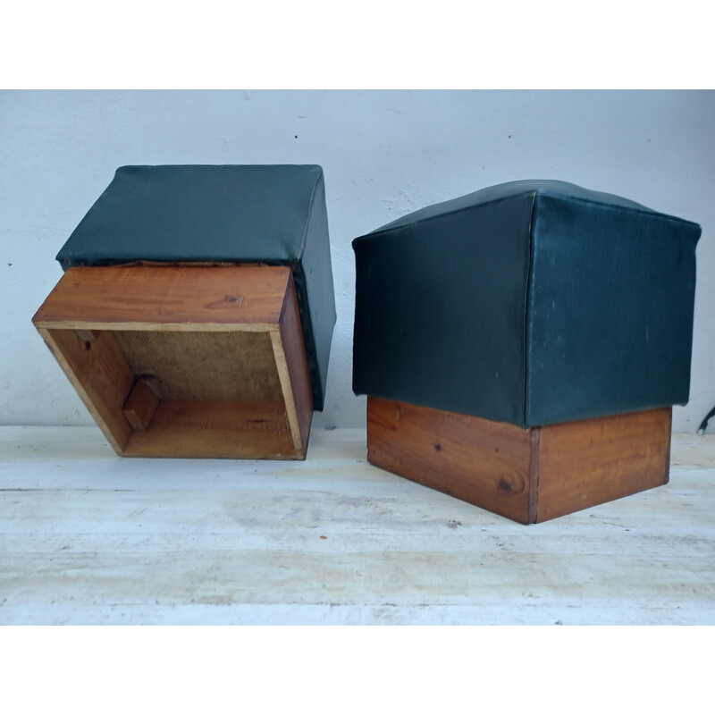 Pair of vintage poufs in pichpin and green leatherette, 1940